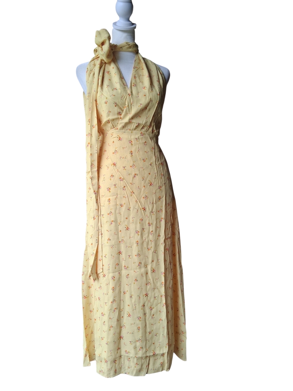 RUMORED Sirena Midi Wrap Dress Yellow Floral Scarf Tie Halter Windswept S